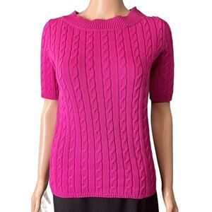 Talbots Pink Cotton Sweater Petite Cable Knit Pullover Short Sleeve Casual Work